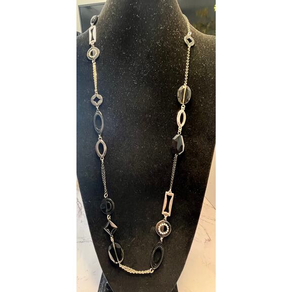 Lia Sophia Silver Tone & Black Geometric Link Necklace 18" Rhinestone Accent - Picture 2 of 7